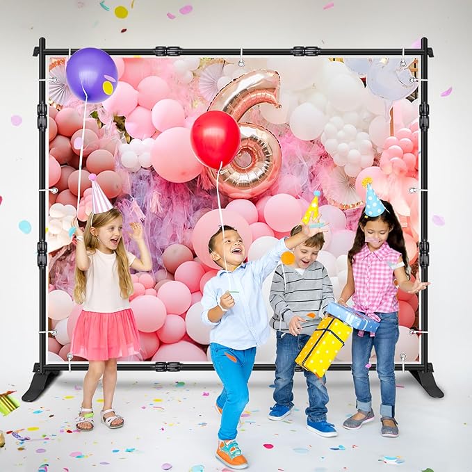 iElyiEsy Backdrop Banner Stand, 8x8FT Heavy Duty Adjustable Step and Repeat Stand with Carrying Bag for Parties Photo Booth Trade Show