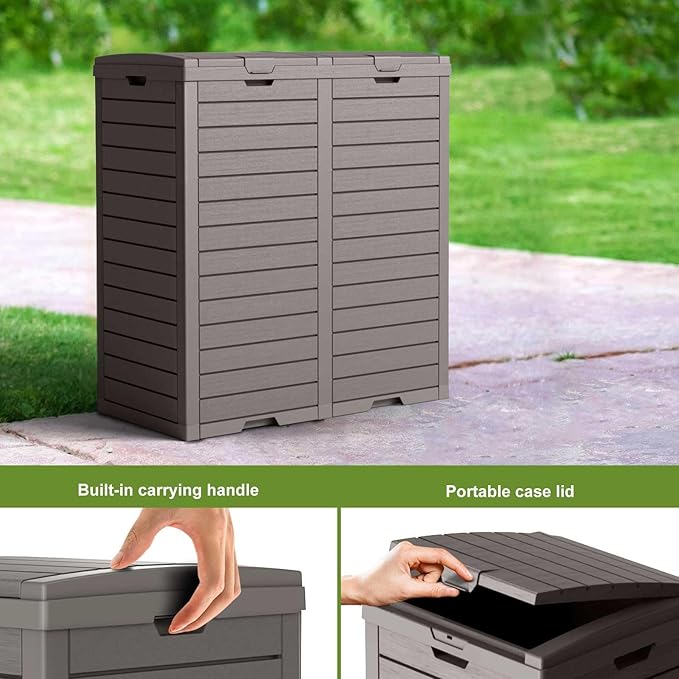 Outdoor Trash Can with lid, Waterproof, UV-Resistant Resin Garbage Can, Lockable Lid and Drip Tray, Animal-Proof, for Patio, Kitchen, Backyard and Deck (Grey, 76 Gallon)
