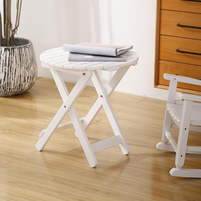 Small Round Folding Side Table Set of 2, Patio Foldable Wooden Outdoor End Tables for Indoor Porch Camping Living Room Bedside Couch, as Coffee Table or Plant Stand, White
