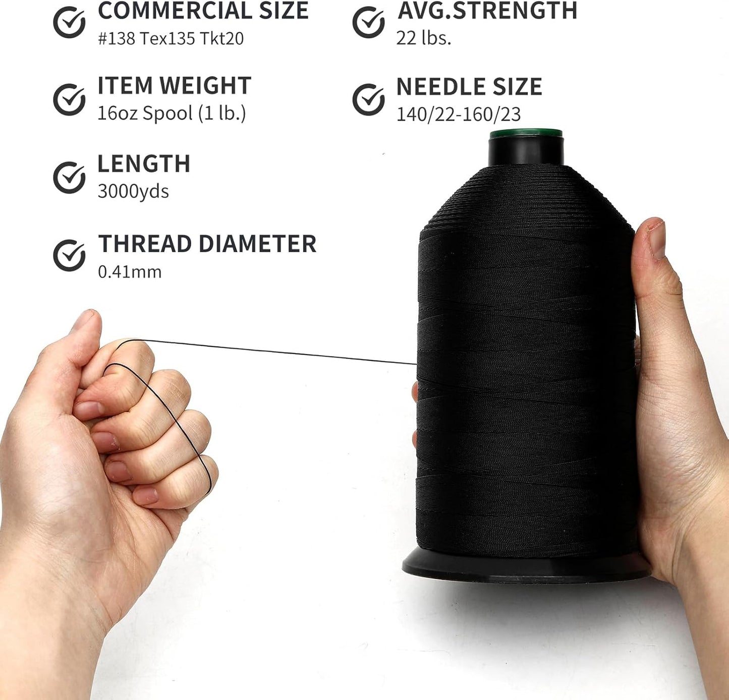 Extra Strong Bonded Nylon Thread #138 Tex135 – 16 OZ, 3000yds, Versatile Stitching Solution for Leather, Upholstery, Canvas Repair and More (Black)