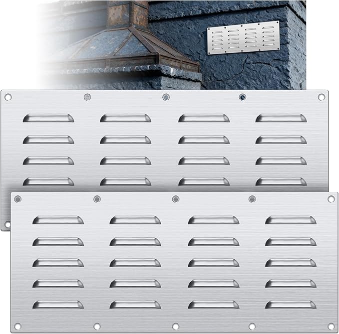 2 Pack Stainless Steel Venting Panel for BBQ Grill Accessory, 15x6.5 Inch (20-Slots), 304 Grade Metal Vent Cover for Masonry Fire Pits & Outdoor Kitchens, Weather Resistant, 15" by 6-1/2"