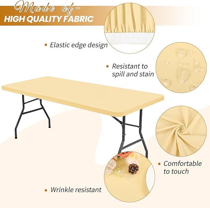 10 Pack Stretch Fabric Table Top Cap Cover, Beige Table Covers fits 8Ft Tables, Washable Elastic Universal Rectangle Tablecloth Protector for Indoor Outdoor Party Picnic Wedding (30" W x 96" L)