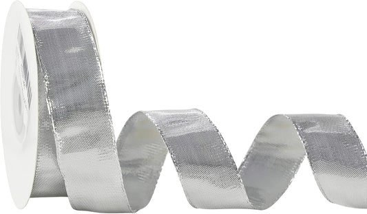 MEEDEE Silver Wired Woven Metallic Ribbon - 1 inch Silver Wired Ribbon for Gift Wrapping, Gift Bows, DIY Crafts, Graduation Baskets, Wedding, Party Decorations (25 Yards)