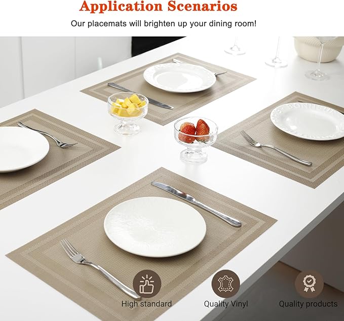 Placemats Set of 8,Washable,Heat and Stain Resistant Indoor/Outdoor Place mats,Vinyl Woven Non Slip Table Mats for Restaurant Table Protection,PVC Placemats(Beige,8PCS)