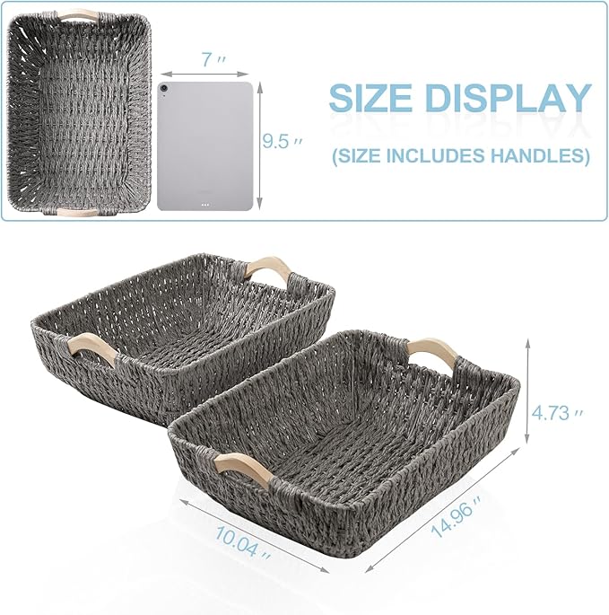 FairyHaus Wicker Baksets 2Pack 15x10x5, Recyclable & Renewable Paper Rope Wicker Storage Bakset with Solid Wood Handles, Wicker Baskets for Shelves Organizing, Grey