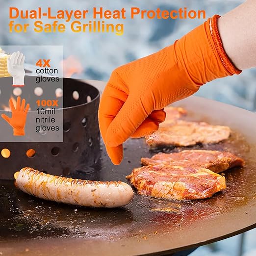 BBQ Gloves for Grilling Disposable Heat Resistant - 100 Nitrile Gloves + 4 Reusable Cotton Liners for Cooking Smoker -Orange XLarge