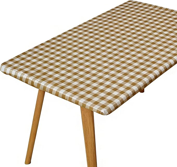 Rectangle Picnic Table Cloth, Elastic Waterproof Fitted Vinyl Tablecloths for 5 Foot Tables, Wipeable Flannel Backed Table Covers for Dining, Camping, Outdoor(Khaki Plaid,36"x60")