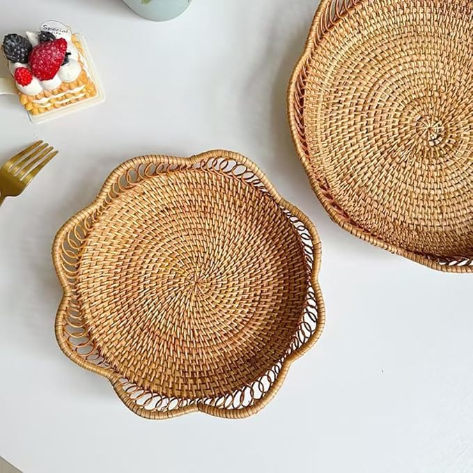 RT&BS Rattan Fruit Baskets for Serving, Handwoven Bread Basket, Christmas Food Baskets, Storage Basket for Bread Snack Candy Small Items (Ø9 x 2'')