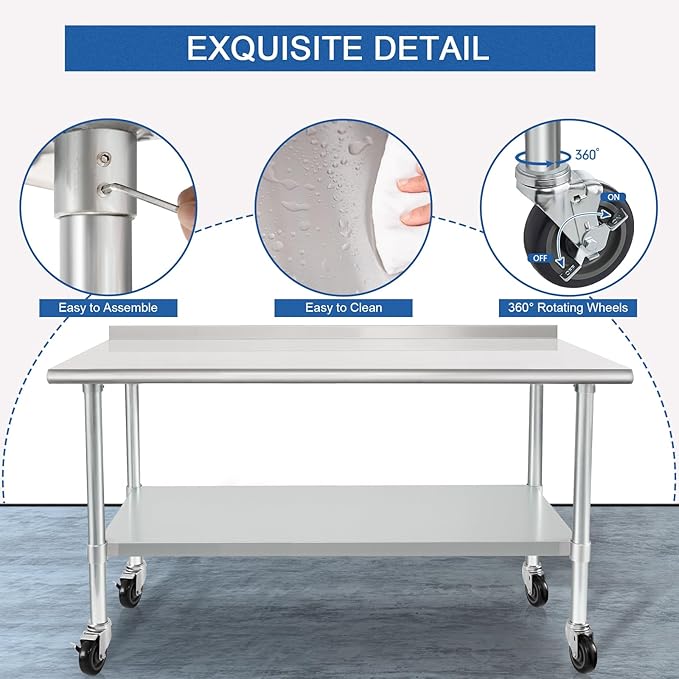 HARDURA Stainless Steel Table 30 x 60 Inches with Wheels Casters NSF Heavy Duty Commercial Prep Table with 2” Backsplash and Adjustable Undershelf for Restaurant Kitchen Home and Hotel