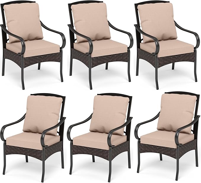 PHI VILLA Patio Chairs Set of 6, Heavy Duty Outdoor Metal Wicker Dining Chair with Thick Cushions, Large All Weather Wrought Iron Deck Chair for Outisde, Porch Backyard, Support 300lbs