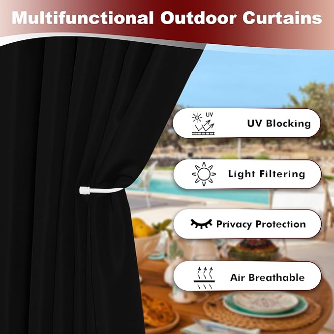 HolidayIdeas Grommet Outdoor Curtains for Patio Waterproof 8 Pcs All Weather Balcony Black Outside Curtains for Apartments, Gazebo, Pergolas, Porch, 54x120 Inch