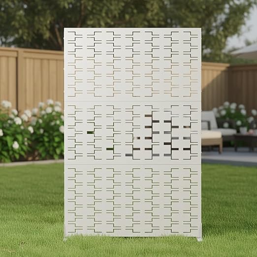 Casaphoria Metal Privacy Screen Outdoor, 72" H x 47" W Freestanding Decorative Privacy Screen for Patio Deck Balcony Garden with Stable Base, White-Square