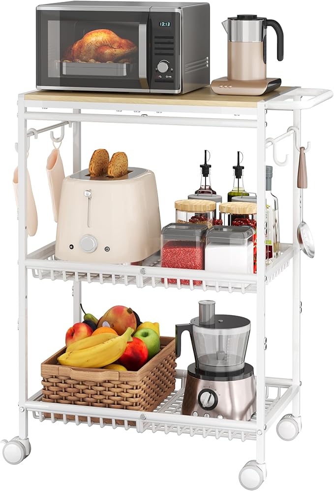Microwave Kitchen Cart with 2 Lockable Wheels, White Kitchen Storage Cart with Push Handle, 3 Tier Rolling Cart with 160Lbs Capacity for Kitchen Island, Restaurant, Coffee Bar, Living Room, Office