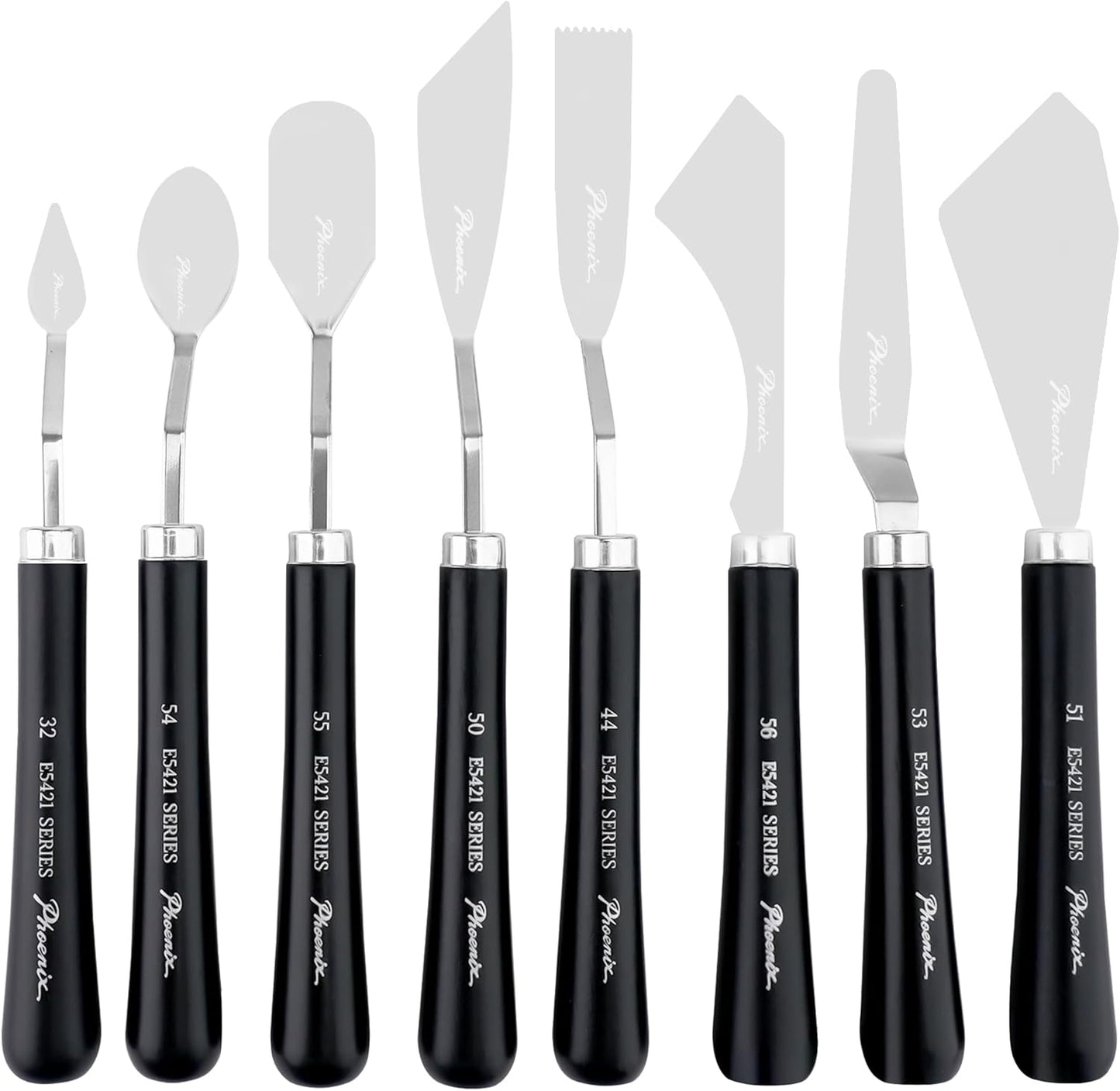 PHOENIX High Flexible Palette Knife Set, 8 Pieces Stainless Steel Painting Knives (32,54,55,50,44,56,53,51) Art Knife with Wood Handle, Paint Spatula for Oil Acrylic Paint