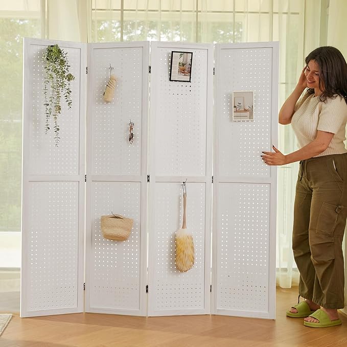 Room Divider Freestanding Folding Pegboard Privacy Screen 4-Panel Display Stand for Jewelry Craft Shows Retail Natural Wood Portable Space-Saving