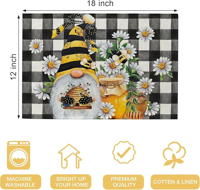 Seliem Spring Bee Gnome Daisy Placemats Set of 4, Honey Black White Buffalo Check Plaid Dining Table Place Mats, Summer Seasonal Farmhouse Kitchen Decor Home Decoration 12 x 18 Inch