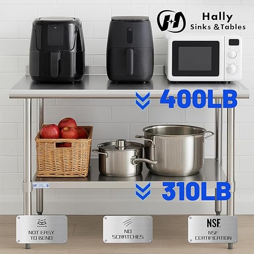 Hally Stainless Steel Table for Prep & Work 14 x 72 Inches, NSF Commercial Heavy Duty Table with Undershelf and Backsplash for Restaurant, Home and Hotel