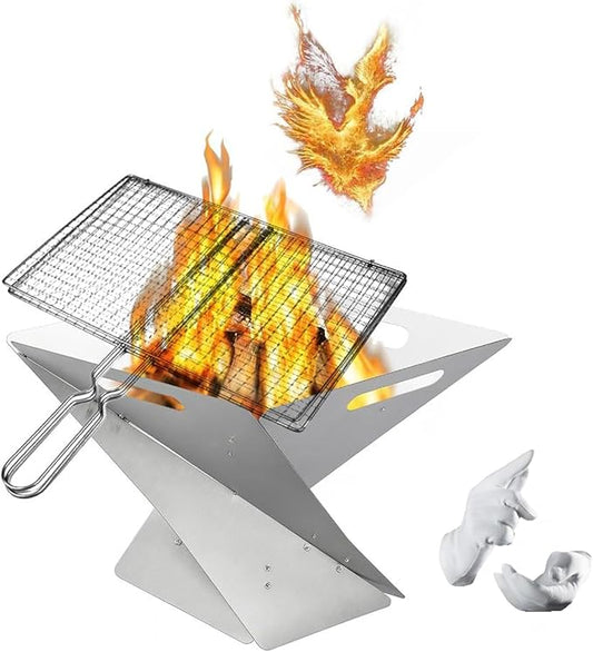 Foldable Portable Fire Pit - Stainless Steel Camping Fire Bowl with 304 Steel Grill Net & Heat-Resistant Gloves - Compact Bonfire Pit for Outdoor BBQ, Patio, Garden & Camping, 16.54 Inch