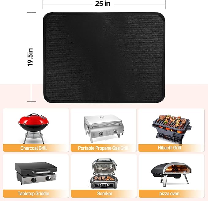 25 x 19.5in Heat Resistant Grill Mats for Outdoor Grill to Protect Your Prep Table and Outdoor Grill Table - Fire Proof & Water Proof & Oil Proof BBQ Mat - Black (0.6mm)