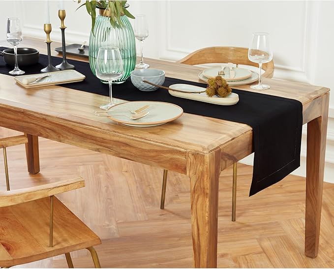 Solino Home Linen Black Table Runner 72 Inches Long - 100% Pure Linen Medium Weight Hemstitch Table Runner 14 x 72 Inch for Dresser, Dining, Winter