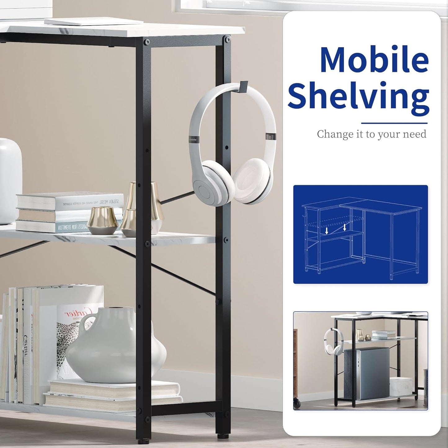 Pamray 43 Inch L Shaped Computer Desk with Reversible Side Storage Shelves, Small Corner Desk for Small Space Home Office,Writing Study Table PC Desk for Bedroom,White Marble