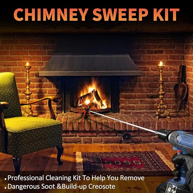 Sealegend 26 Feet Chimney Sweep Kit Chimney Brush, Rotary Chimney Cleaning Kit System with 8 Nylon Flexible Rods, Fireplace Brush Tool for Square, Rectangle, Arch Chimneys