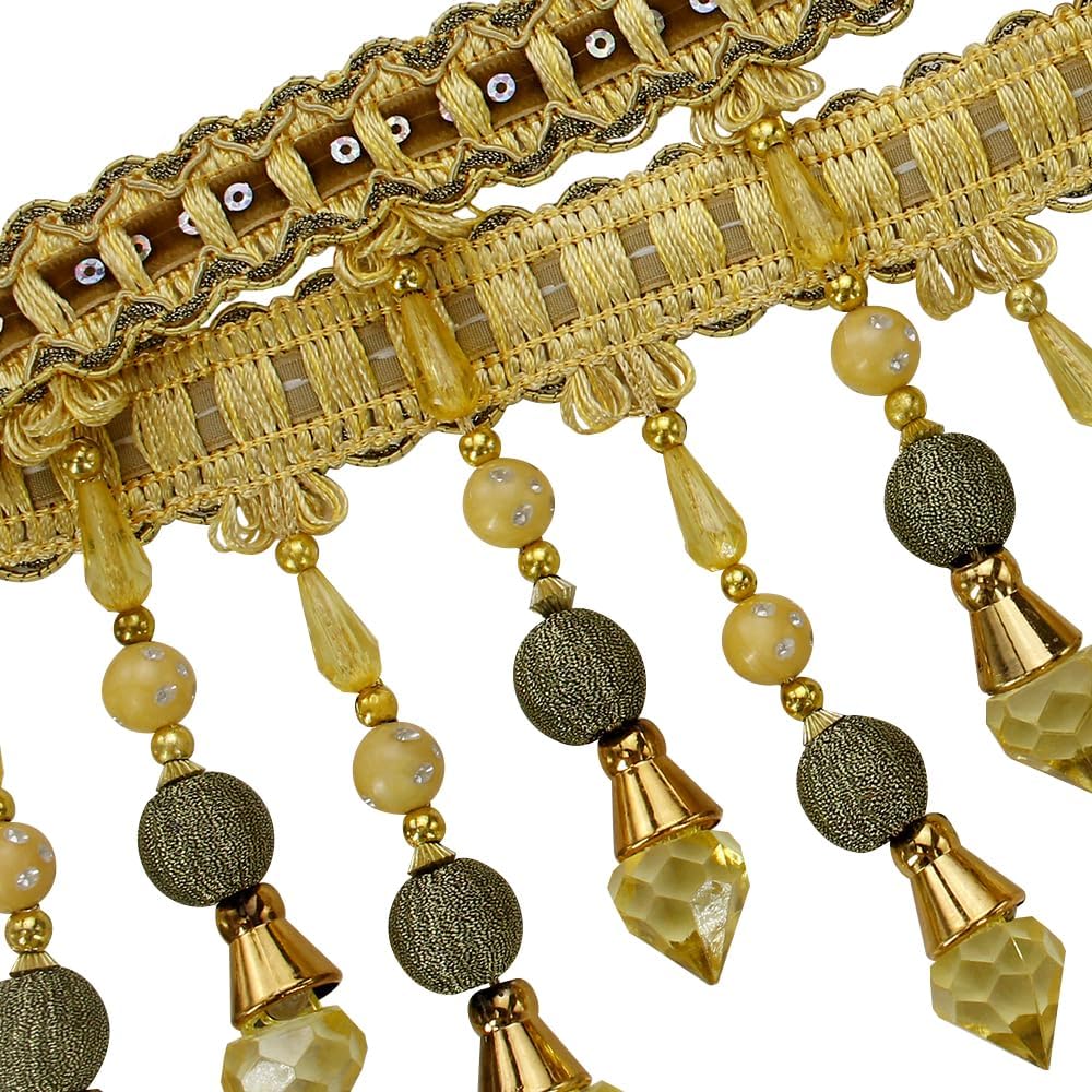 3yards Beading Fringe Trimming Long Beads Tassel Curtain Trim Ribbon Trim for Cover Edge Decorative (Gold)