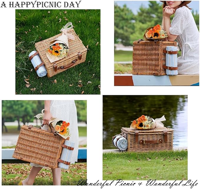Picnic Basket Set for 2 Persons, Willow Hamper with Large Insulated Cooler Compartment, Waterproof Blanket and Cutlery Service Kit-Classical Brown