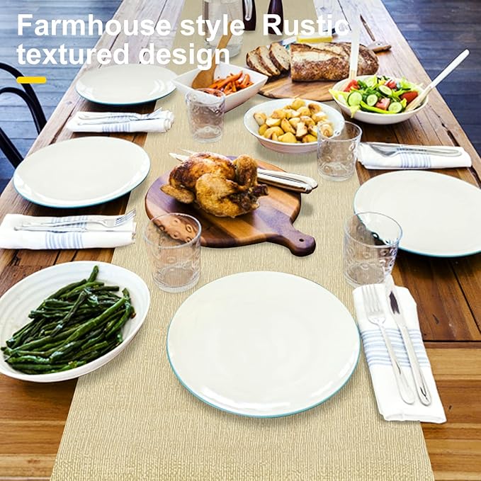 Waterproof Wipeable Table Runner, Thick Farmhouse Runner, Dresser Runner, Rustic Table Runner for Kitchen, Dining Room, Bedroom, Living Room, Indoor and Outdoor (36'', Beige)