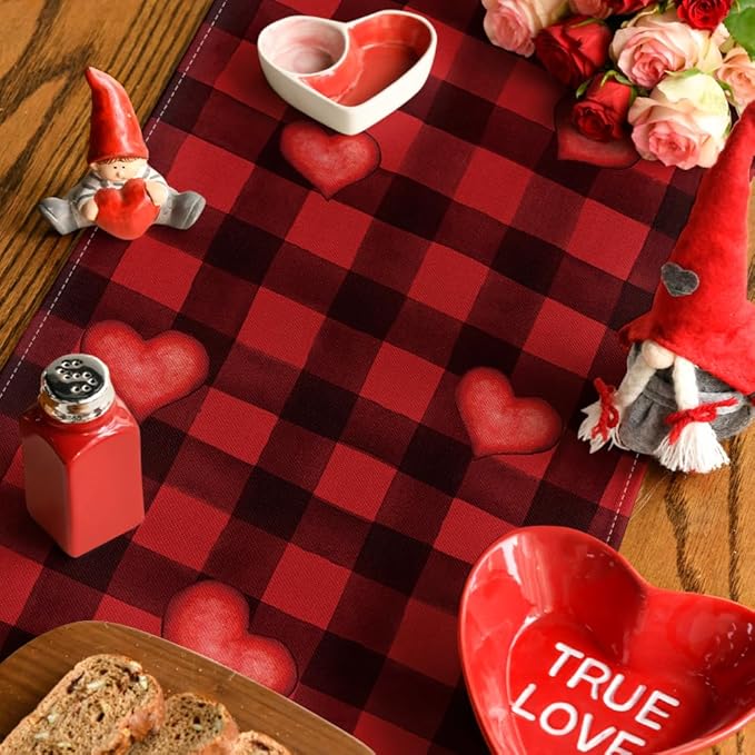 Artoid Mode Red Black Buffalo Plaid Heart Gnomes Love Valentine's Table Runner, Kitchen Dining Table Decoration for Home Party Decor 13x72 Inch