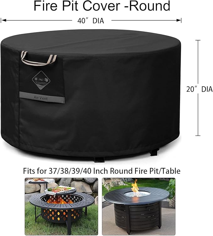 QH.HOME Fire Pit Cover Round Super Waterproof, 40inch Outdoor Round Firepit Cover 600D Strong Tear Resistant, UPF 50+ Fire Pit Covers Premium Fading Resistant for Outdoor Fire Pit - Black