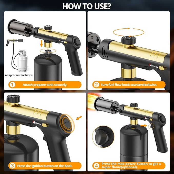 Powerful Cooking Propane Torch, Sous Vide, Adjustable Kitchen Torch with One-Touch Max Fire, Culinary Torch for Searing Steak, BBQ and Campfire Starter, Gold & Black(Tank Not Included)