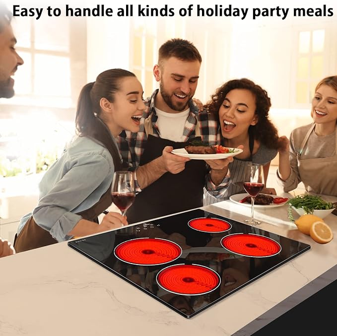Noxton 24 Inch Electric Cooktop 4 Burners Electric Stove, Built-in Ceramic Cooktop with Touch Control Child Lock Timer Easy To Clean with Hard Wire 6000W 240V