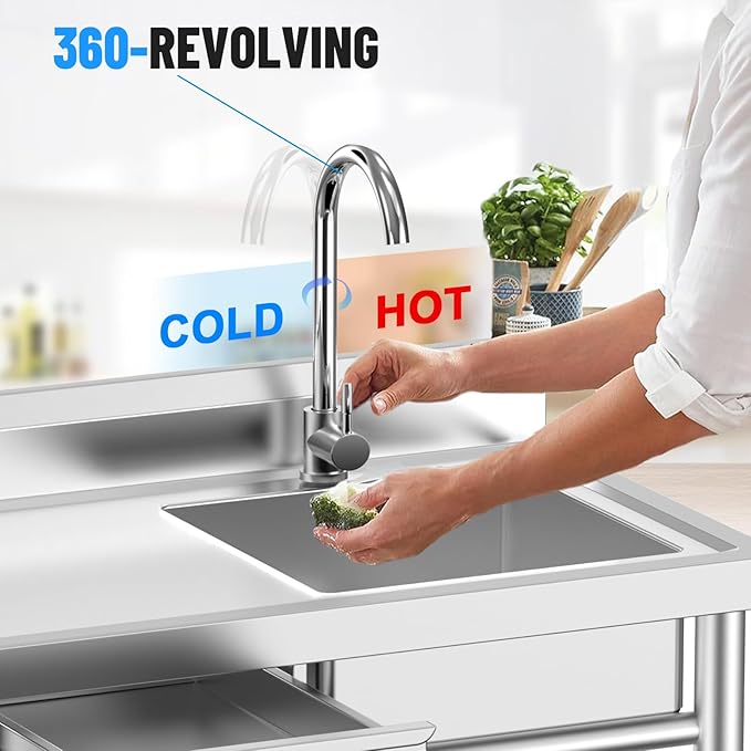 Utility Sink, Commercial Kitchen Stainless Steel Sink, 39.5'' Free Standing Single Bowl Sink with Drawer & Cold and Hot Water Pipe for Kitchen Laundry Room Farmhouse Indoor and Outdoor