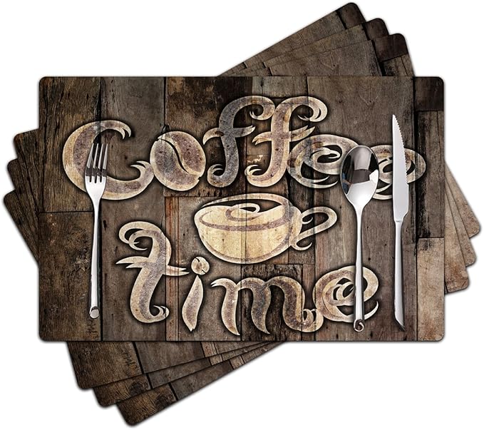 Coffee Placemats Set of 4 - Farmhouse Heat Resistant Placemats for Dinner Table, Non-Slip Waterproof Oil-Proof Washable Reusable Placemat for Indoor Outdoor Kitchen Decor, 15.75In*11.81In