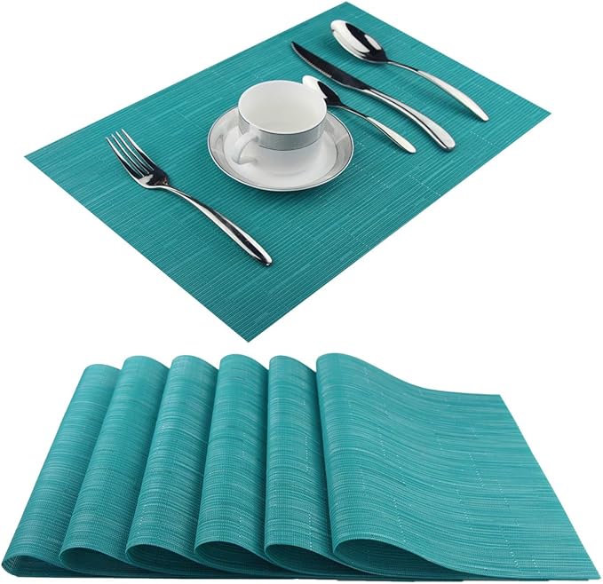 Plastic Placemats,Non Slip Washable Placemats for Dining Table Wipe Clean Table Mats Set of 6(Cyan Blue)