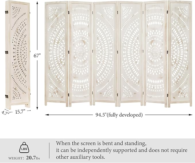 Room Divider Wood Carved Wall Divider Indoor Folding Bohemian Style Portable Partition Screen for Home Office Garden Terrace - 6 Panels (Antique, White-Washed)