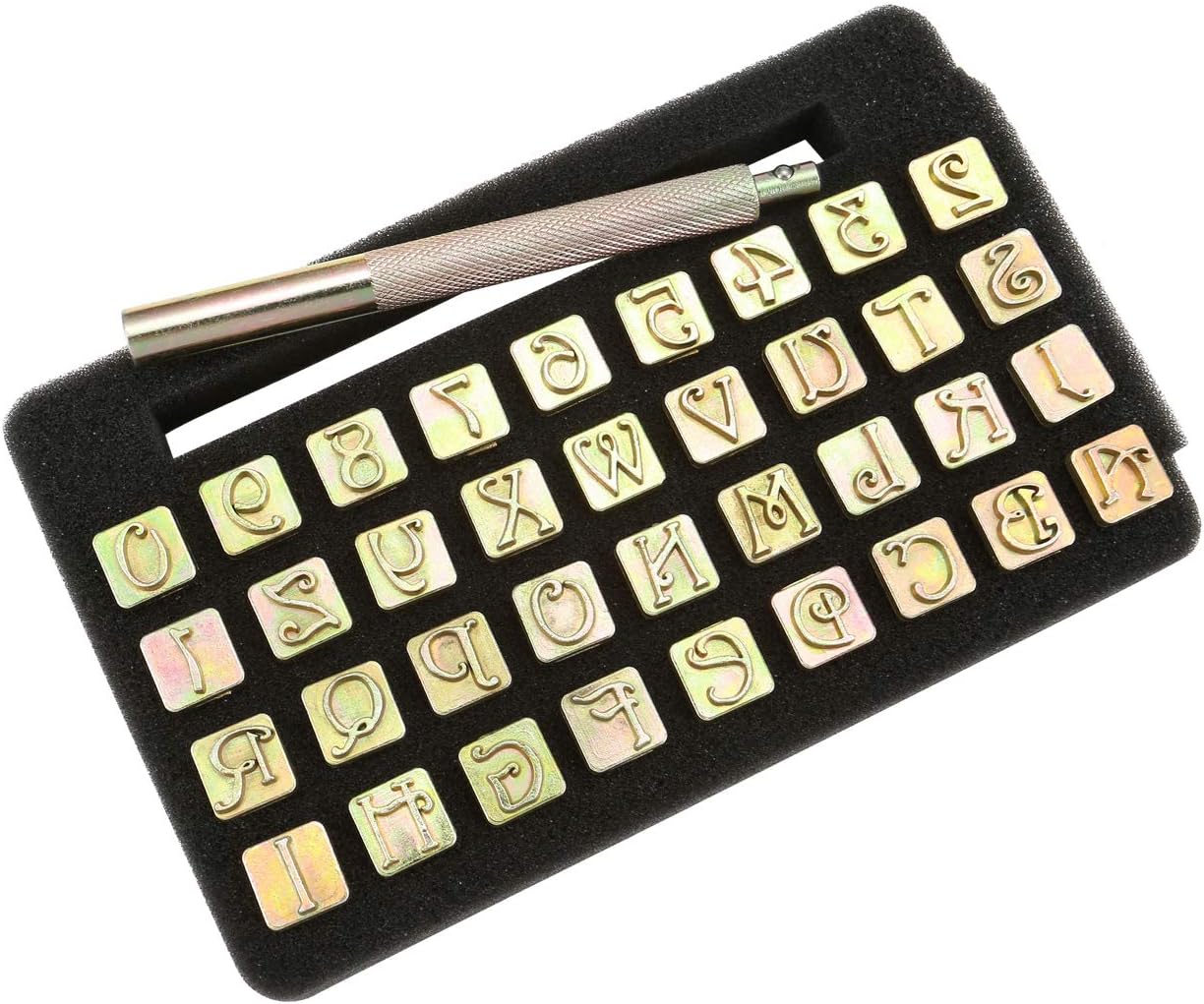 Yoption 37 Pieces Leather Stamping Tool Set, 26 Letters Alphabet & 10 Numbers Stamps Steel Punch Tool 9mm + 1 Stamping Handle for Leather Craft