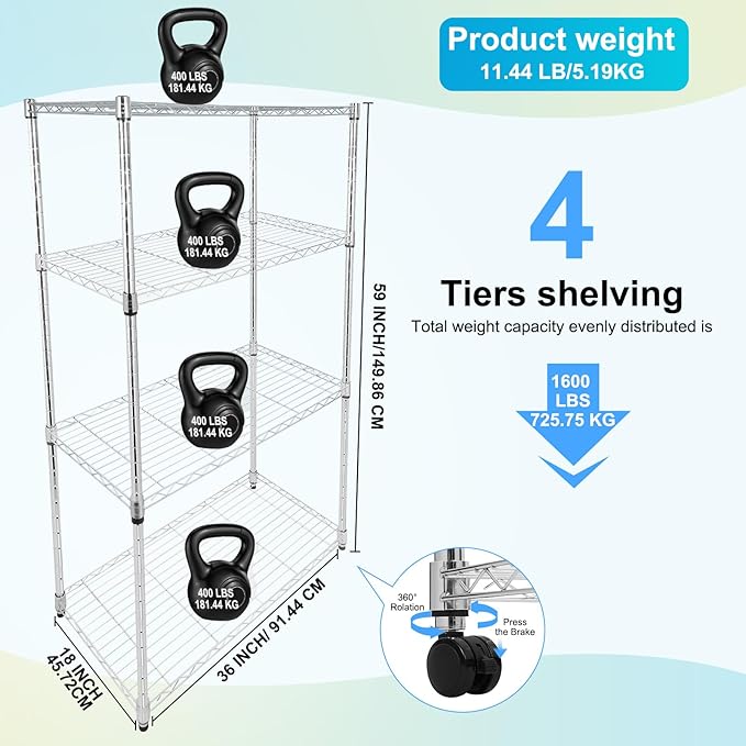 Whitmor 4 Tier Storage Shelves, Heavy Duty with Wheels, 400 lbs Capacity per Shelf, Max 1600 lbs Total, Adjustable Steel Organizer for Garage, Kitchen, Bathroom, 36" L x 18" W x 59" H, Chrome