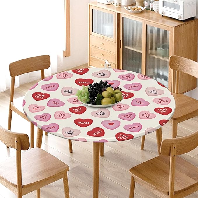 Valentines Day Round Fitted Tablecloth with Elastic Pink Red Love Hearts Circle Table Cloth for 36-40" Round Tables Wipeable Waterproof Valentines Decorative Table Cover for Picnic Dining Party Decor