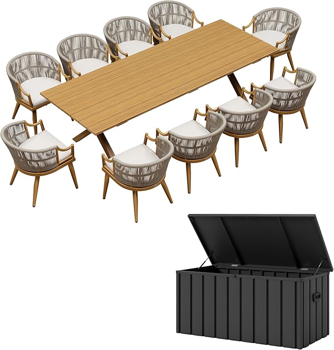 PURPLE LEAF Outdoor Dining Set for 10 with Storage Box All Weather Wicker Patio Dining Set with Rectangular Aluminum Table and Modern Armrest Dining Chairs for Garden Deck Backyard Kitchen, Teak