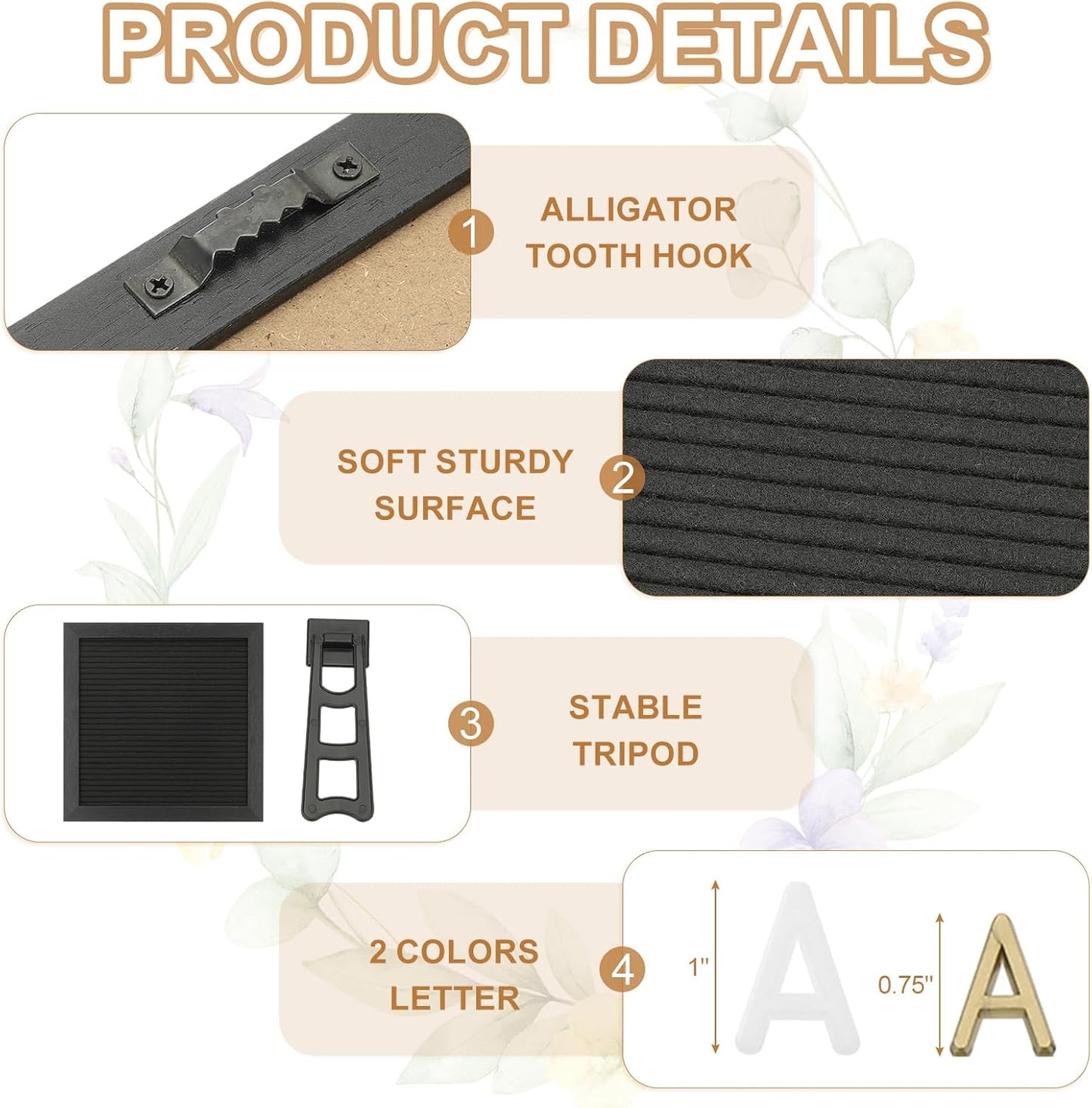 PATIKIL Felt Letter Board, 10x10Inches Black Wooden Changeable Message Board with Storage Bag Stand for Kitchen Menu Farmhouse Decor Notes, White Bronze Letter