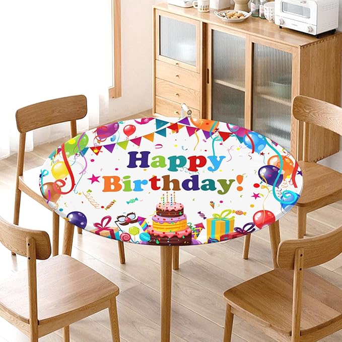 Birthday Round Fitted Tablecloth with Elastic Colorful Happy Birthday Party Circle Table Cover for 44-48" Round Tables Wipeable Waterproof Cake Balloons Gifts Table Cloth for Picnic Dining Patio Decor