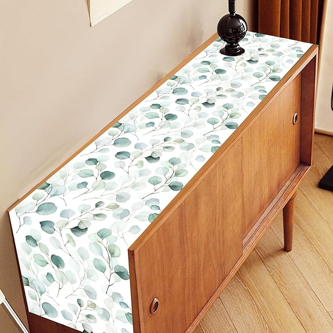 Green Eucalyptus Table Runner, Farmhouse Spring Summer Seasonal Plants Leaves Rustic Country Greenery Cafe Coffee Table Center Decor for Home Kitchen Dining Patio Indoor Outdoor, 13"x36" Inch