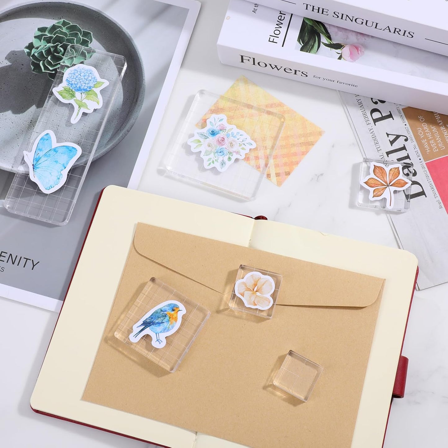 6 Pcs Acrylic Stamp Block Acrylic Blocks for Stamping Clear Tools Decorative Stamp Blocks with Grid and Grip Scrapbooking Craft Making, Decorative DIY Essential Stamping Tool