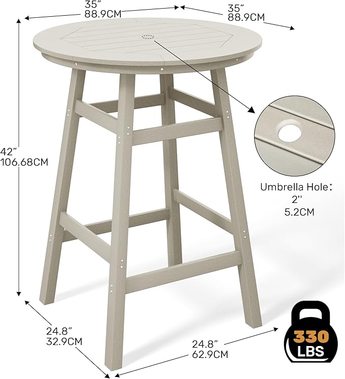 Costaelm Patio Bistro Table, 42" Counter Height Round Patio Cocktail Bar Table with Umbrella Hole, Outdoor Bistro Dining Pub Table for Front Porch Deck Backyard Garden, Sand