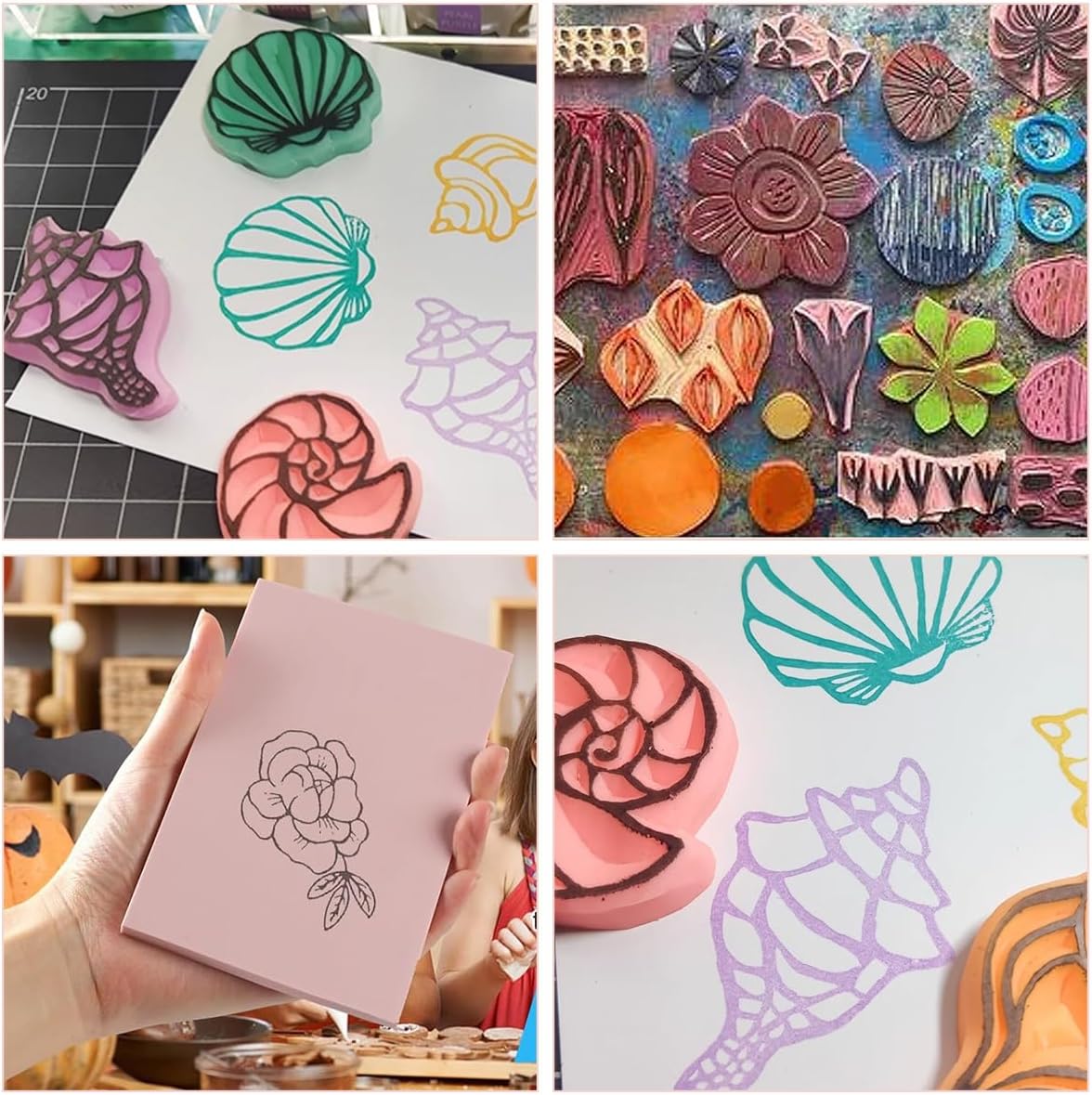 12 Pack Linoleum Blocks for Printmaking with Cutter Tools, Pink Rubber Carving Blocks Linoleum Block Stamp Making Kit for DIY Printmaking, Printing and More Crafts