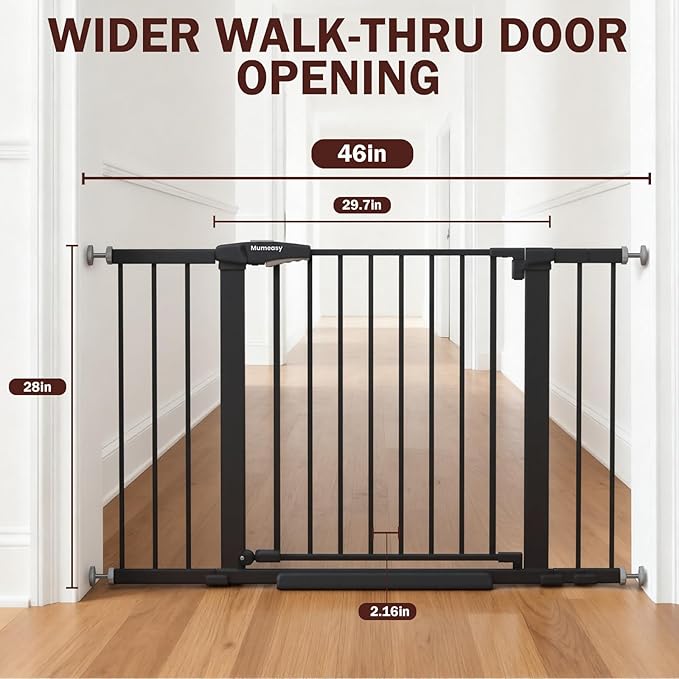 29.7-46" Extra Wide Baby Gate for Stairs, Pressure Mounted Dog Gate Indoor for Doorways, Auto Close Pet Gate with Walk Thru Door, Double Lock Child Safety Gate for Kids and Pet, No-Trip Design