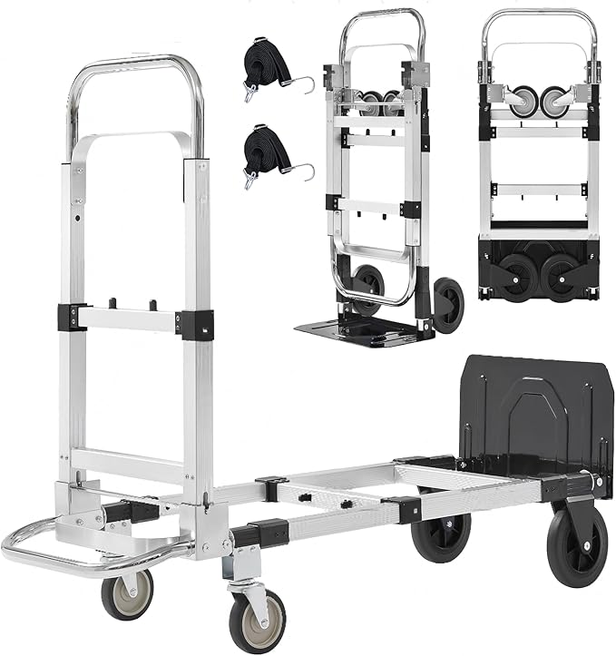 Upgraded 3 in 1 Aluminum Folding Hand Truck, 600lbs Capacity, Heavy Duty Convertible Dolly with Retractable Handle and 4 Rubber Wheels, Collapsible Cart for Moving Home, Office, Warehouse (Black)