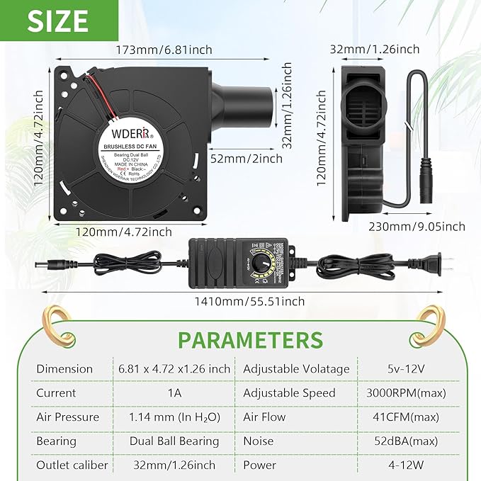 120mm x 32mm Small BBQ 12V Electric Blower Fan with Controller for Squirrel Cage Air Blower, Smoker Ventilation, Inflatable Replacement, Charcoal Starter, Fireplace Wood Stove Bellow
